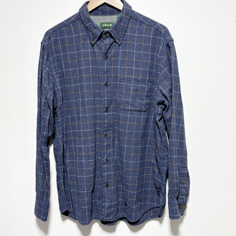 Orvis Shirt Mens L Blue Plaid Flannel Classic Fit Button Front Long Sleeve